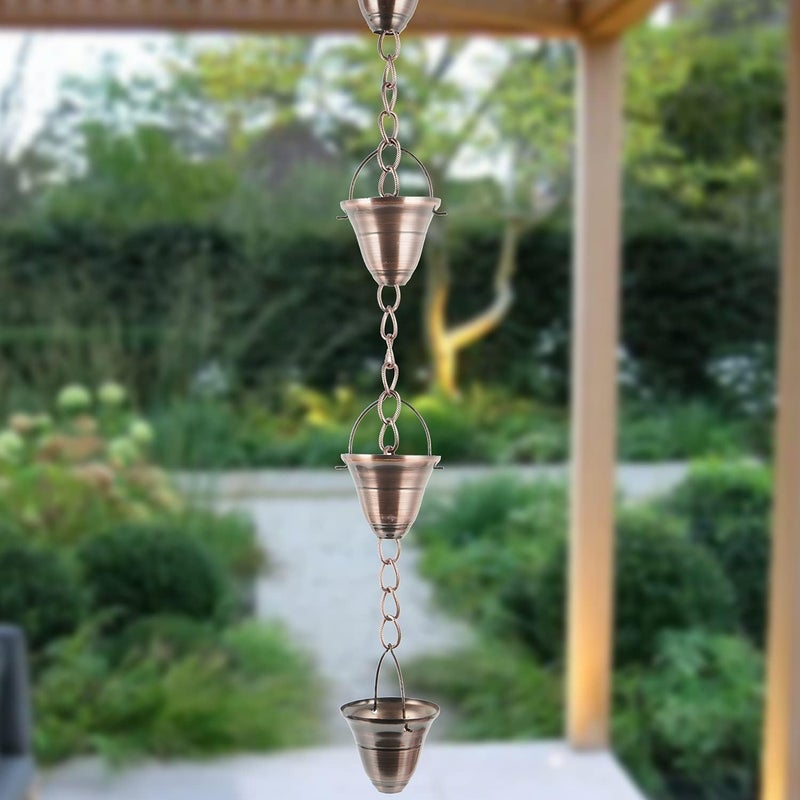DUSVALLY Rain Chain, 8FT Bell Metal Rain Chain, Functional and Decorative Replacement for Gutter Downspouts, Divert Water and Home Display, Adjustable, Antique Gold - Image 2